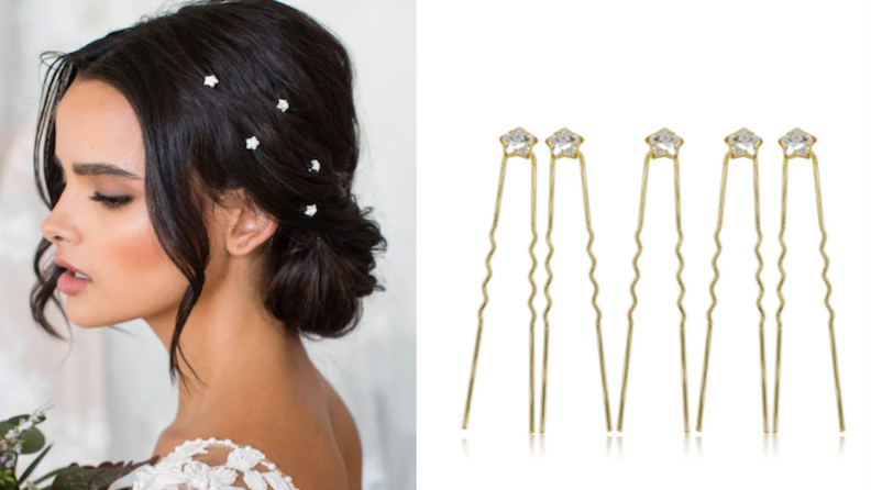 On left, person wearing gold star-shaped diamonds in hair. On right, gold and diamond star-shaped hair pins.