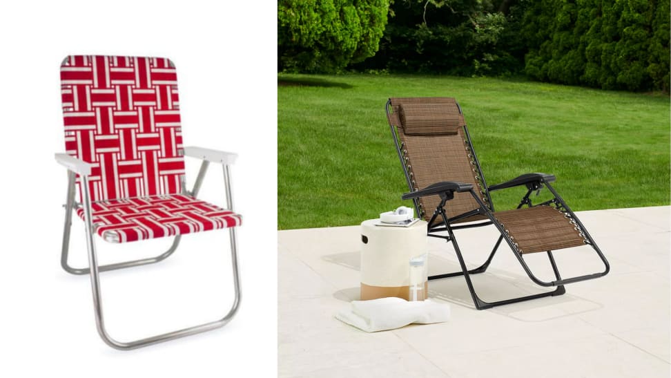 At left, a red and white upright lawn chair, at right, a brown anti-gravity lounge chair on a patio