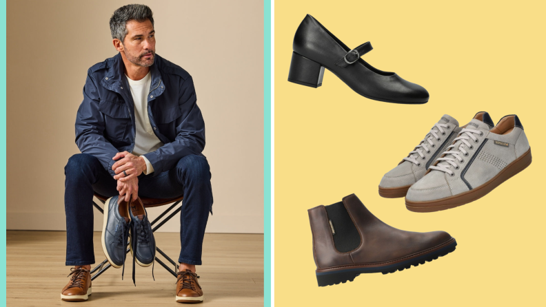 A model in a stylish outfit holding a pair of shoes, also product shots of three pairs of men’s and women’s shoes.