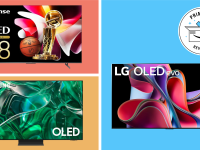 A color block background shows TVs from Hisense, Samsung and LG