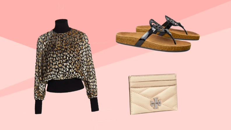 A Tory Burch sweater, slip-on shoes, and a purse.