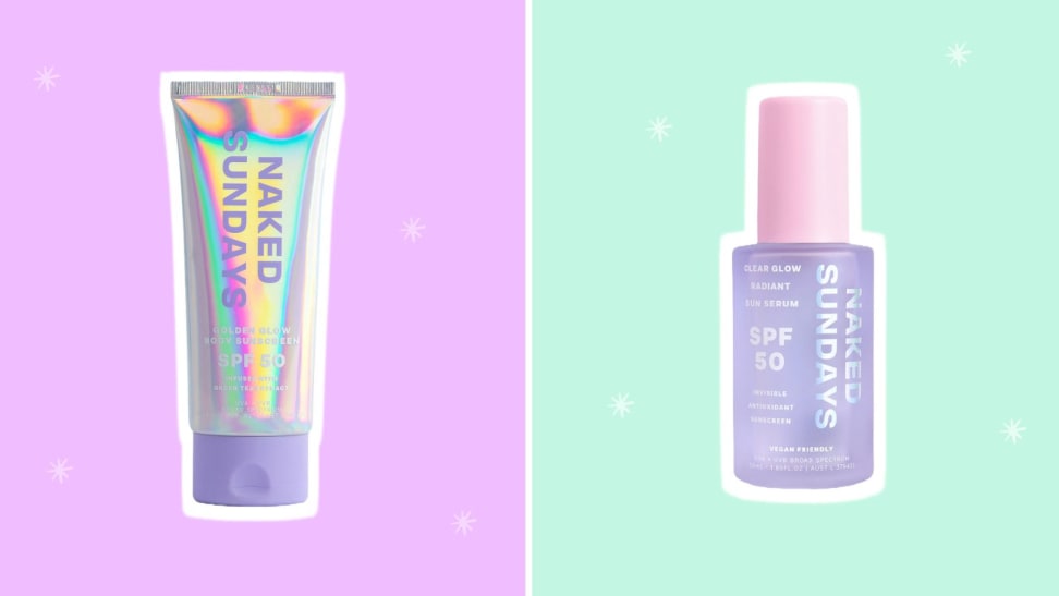 Naked Sundays sunscreen products side-by-side on a purple and mint green background.