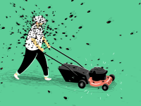 A man pushes a lawnmower through a swarm of double brood cicadas 2024