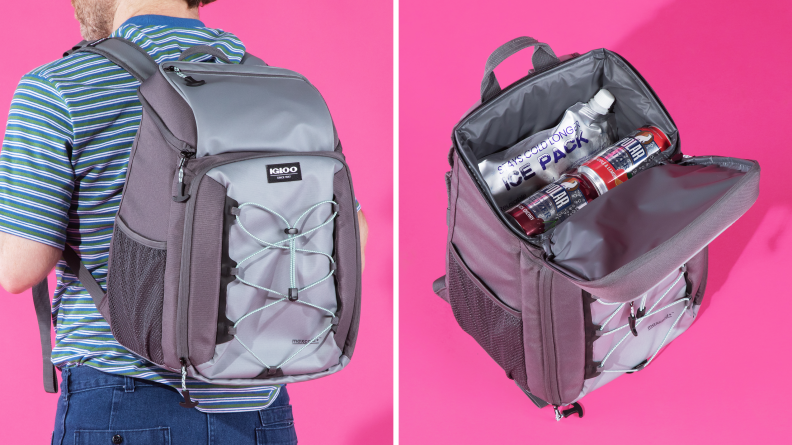 A man wears an Igloo backpack cooler over a pink background. Next to him, another shot of an Igloo cooler sits open.