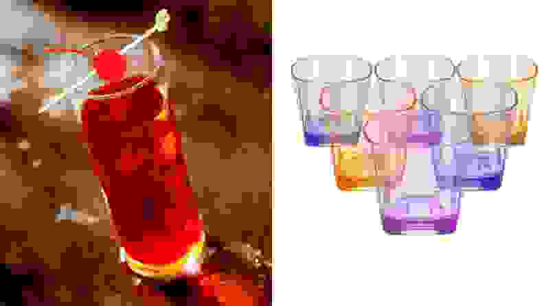 A Shirley Temple and a set of colorful acrylic glasses