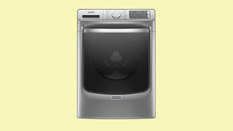 The best large capacity washer, the Maytag appears on a yellow background.