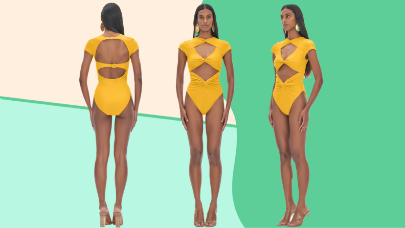 Model displaying front and back of yellow cutout one-piece swimsuit.