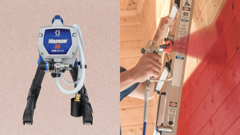 Left: Graco X5 Paint Sprayer; Right: a person spraying paint on a wood wall