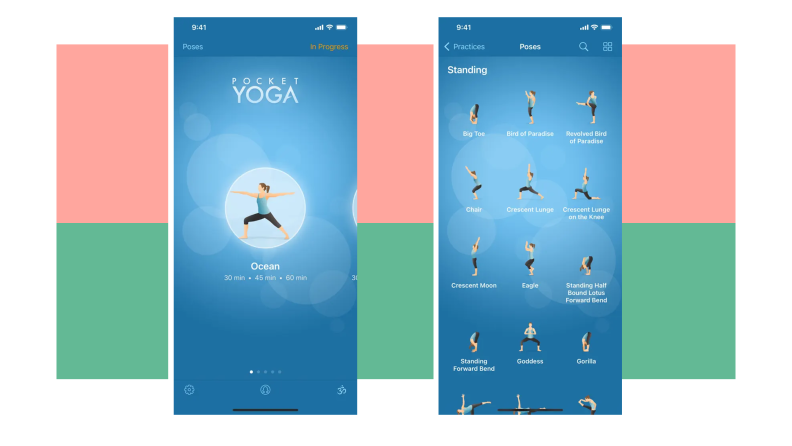 Screenshots of the Pocket Yoga phone app.