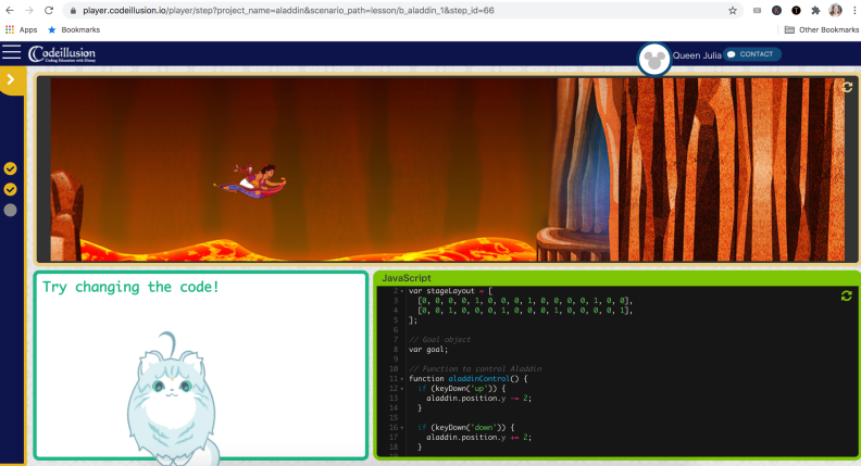 In Disney Codeillusion, you can use your coding skills to help Aladdin, Abu, and Carpet escape a flaming lava pit.