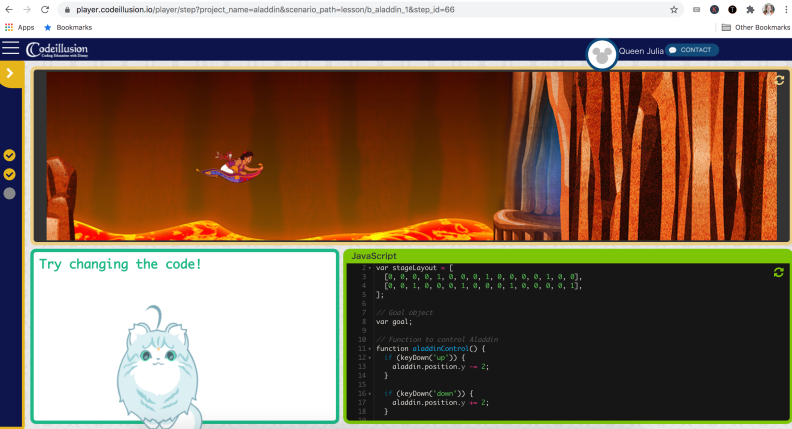 在迪士尼Codeillusion中，你可以使用你的编码技能帮助阿拉丁、阿布和地毯逃离燃烧的熔岩坑。