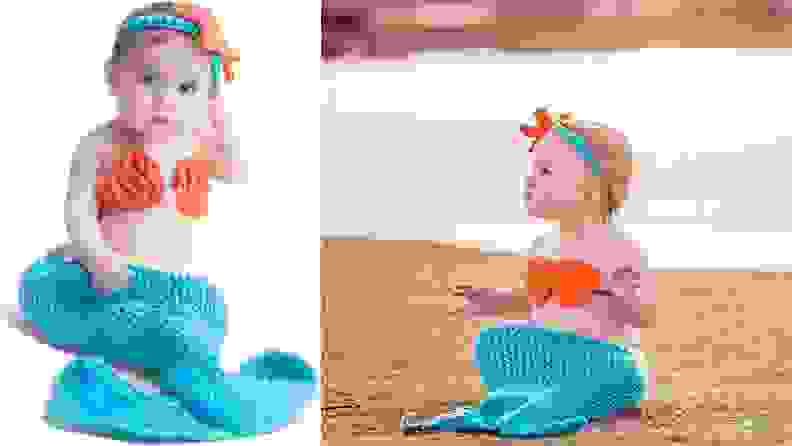 Two infants dressed as mermaids.