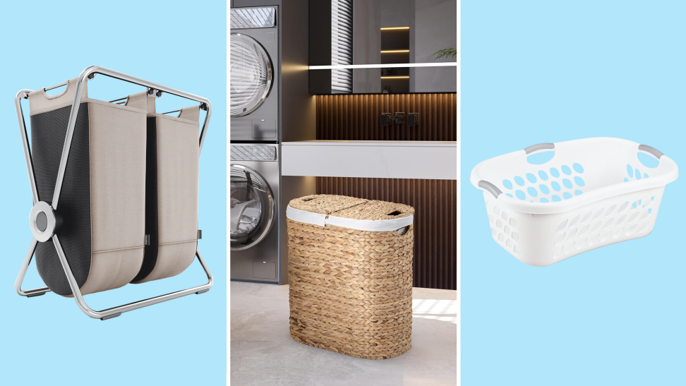 Three laundry baskets and hampers on a blue grid