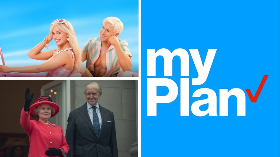 Still images from the film "Barbie," the series "The Crown," next to the logo for the Verizon myPlan.