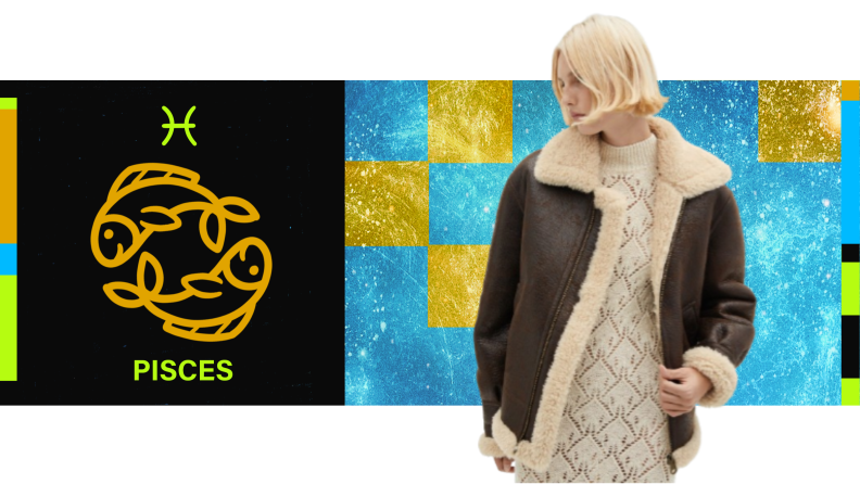 On the left is the symbol for Pisces, and on the right is a model wearing a white dress with a shearling jacket.