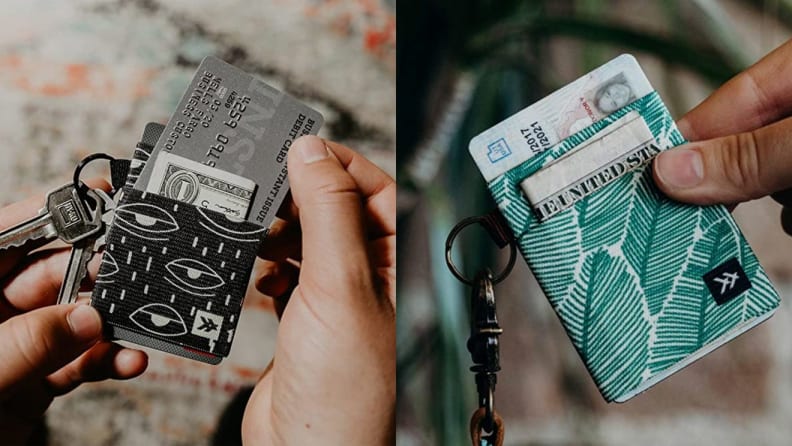 Two images of someone holding a thread wallet.