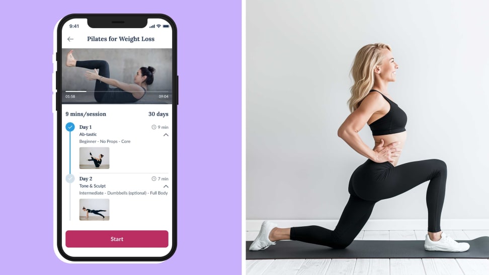 Reverse Health weight loss app on an iPhone, woman doing Pilates