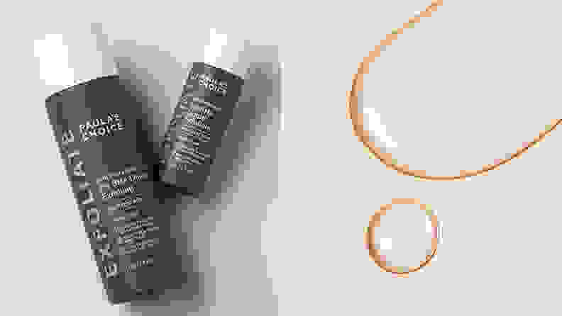 Left: A large and small bottle of Paula's Choice liquid exfoliant. Right: A puddle of clear exfoliant has been squeezed out onto a blank surface.