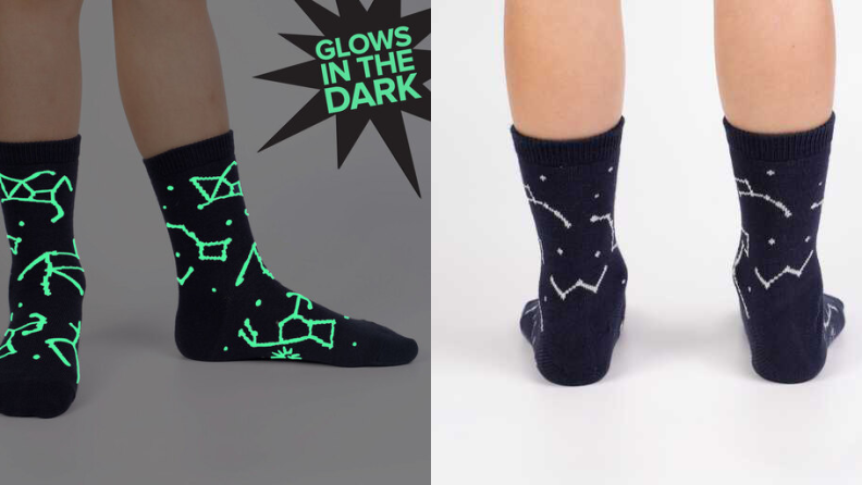 On the left: a pair of legs wearing socks that glow in the dark. On the right: the back of the same pair of legs wearing the socks