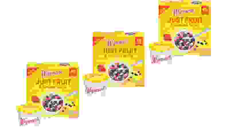 A repeating pattern of a yellow box of Wyman's frozen fruit and banana bites.