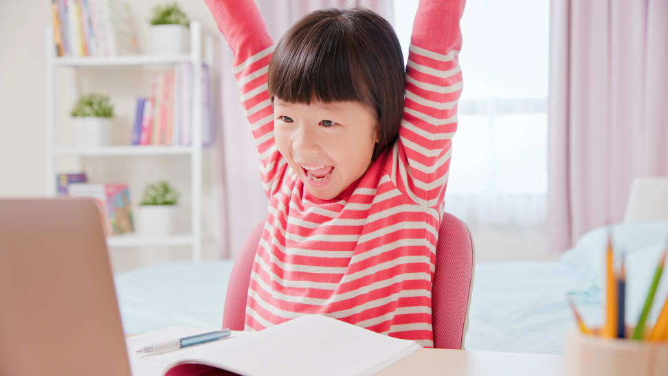 Little girl having fun on a laptop computer.