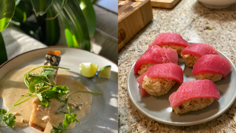 On the left, there's a grilled piece of salmon with lime wedges and on the right, there's tuna sushi.