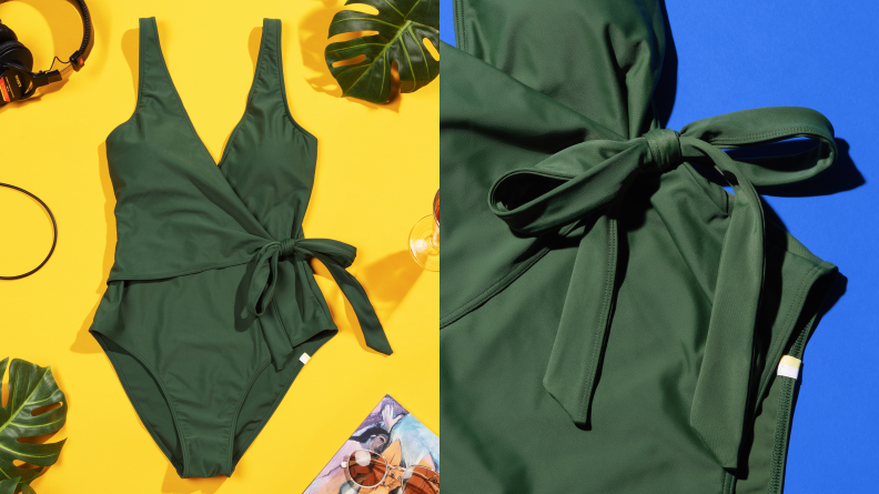 An olive green Summersalt one-piece against a yellow background. A detail of the bow is on the right.