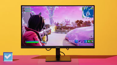 The HP Omen 27q gaming monitor displaying a match of Fortnite.
