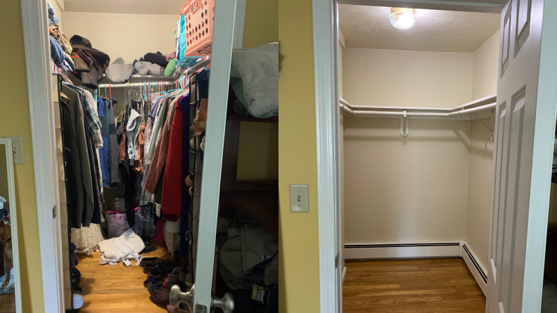 On left, cluttered closet filled with clothes. On right, empty closet.