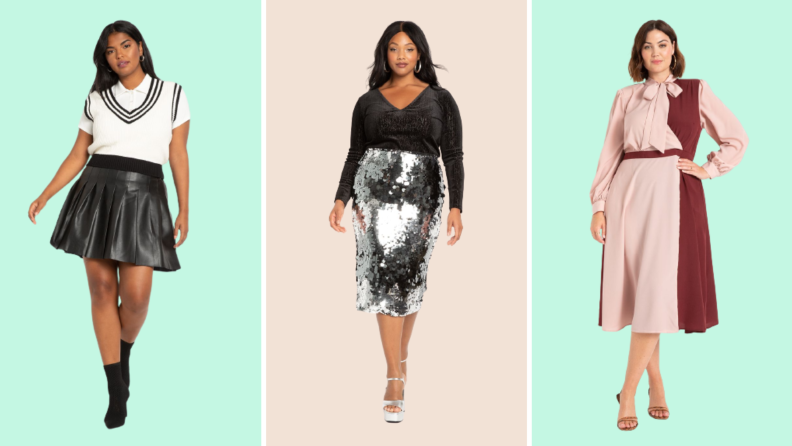 Collage of three plus size options: a leather skirt, a sequin skirt, and a colorblocked dress.