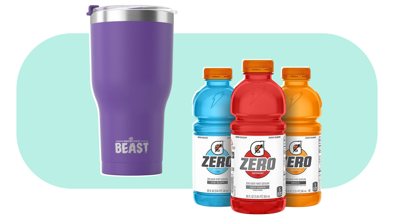 Purple insulated tumbler cup next to three multicolored bottles of sports drink.