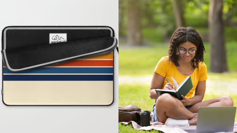 On left tan and multi-colored computer case. On right, young woman writing in journal while sitting outside on blanket on ground with laptop in front of her.