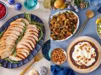 On left, a photo of a sliced turkey on a blue plate. On right, a spread of Thanksgiving sides shot from above.