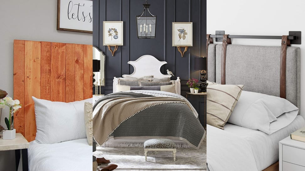 On left, barn wall headboard behind bed in bedroom. In middle, white wooden Claudette Headboard behind bed in bedroom. On right, Harlow Wall Mount Faux Leather Headboard behind bed in bedroom.