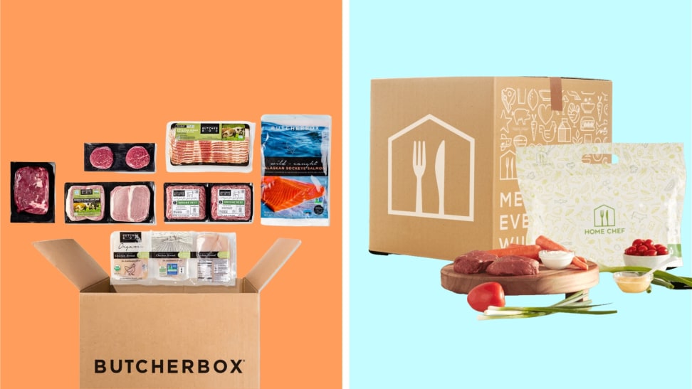 A ButcherBox delivery with contents on display next to a Home Chef delivery box in front of colored backgrounds.