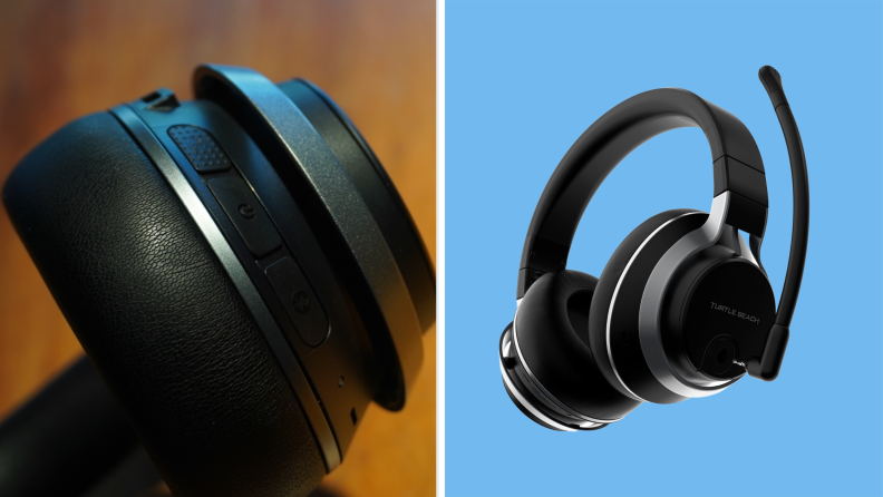 Split image of a close-up of an ear cushion of a Turtle Beach Stealth Pro gaming headset and a product image of a whole headset.