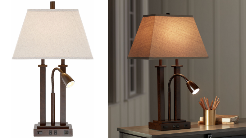 A bronze reading lamp sits on an end table.