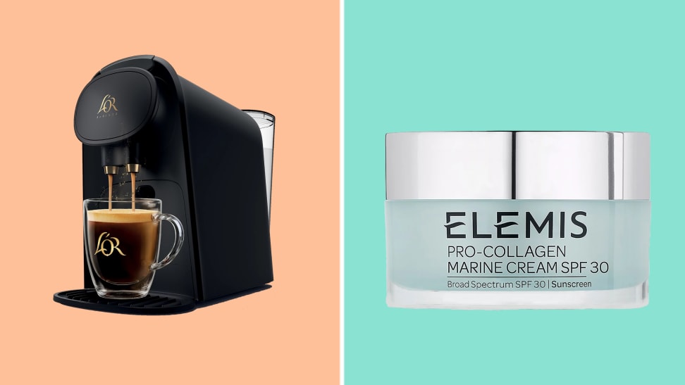 A colorful collage with a L'or coffee maker and Elemis moisturizer.