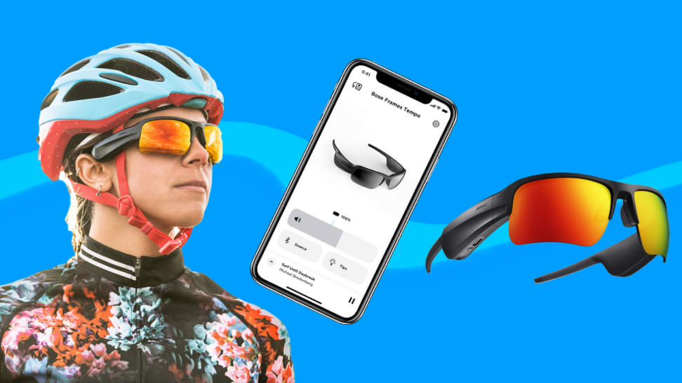 On left, person wearing Bose Frames with bike helmet on. In middle, smartphone with Bose app open. On right, Bose Frames.