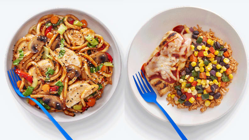Left: Blue Apron udon noodles in a bowl; right: Blue Apron chicken and rice in a bowl.