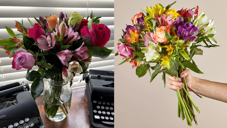 Bouquet of flowers beside typewriter and person's hand holding flowers against grey background.