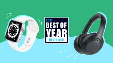A white Apple Watch with white band sits next to an all-black pair of Sony WF-1000XM4 with a Best of Year 2021 logo in between and a green and blue background.