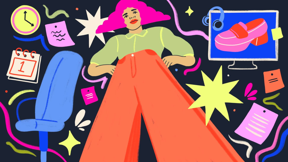 Illustration of a woman wearing orange pants surrounded by office supplies and formal office attire by artist Sol Cotti.