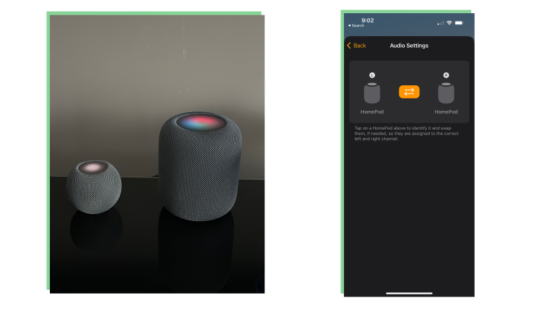 A HomePod Mini and second-gen HomePod next to one another with a gray background, and a screenshot of the HomePod audio settings screen in the iPhone app.