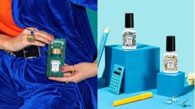 On left, person holding package of Poo-Pouri. On right, two bottles of Poo-Pouri in front of blue background next to school supplies.