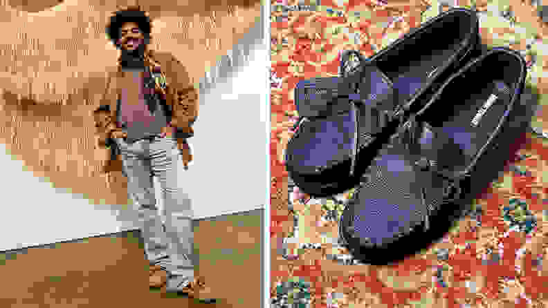 A man wearing brown moccasins with jeans and a suede jacket, also a photograph of a pair of blue shoes on a rug.