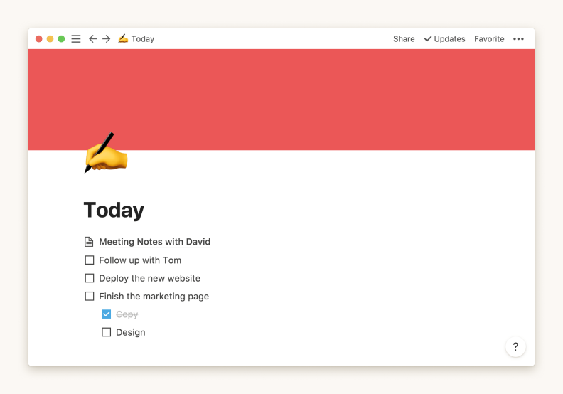 A screenshot of a note in Notion, displaying nested pages, emoji titles, and embedded tasks.