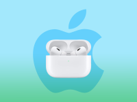 The Apple AirPods Pro 2 earbuds in their case on a blue and green background with the Apple logo.