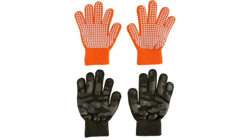 An image of two pairs of child's gloves, one in orange with grips and the other in camo print.