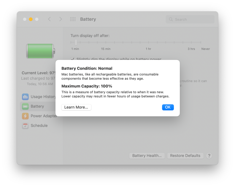 A screenshot of macOS's System Preferences app, showing the Battery Health window within the Battery settings.